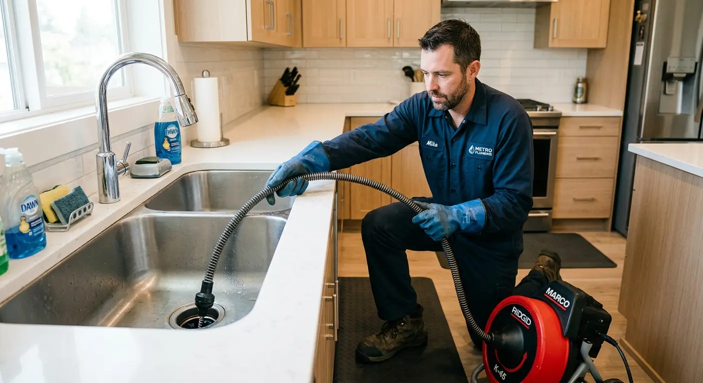 Drain cleaning technician using a motorized snake on a kitchen sink in Balm